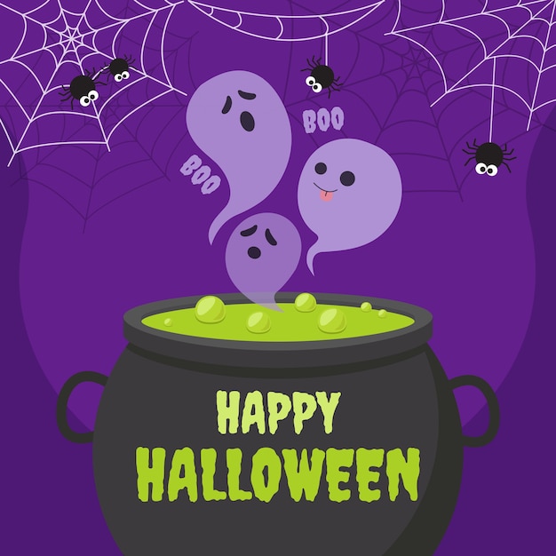 Happy halloween uitnodiging wenskaartsjabloon. Toverdrankketel met spook en spinnenweb. leuke cartoon