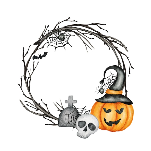 Happy halloween-vakantiefeest frame met jack o 'lantern-pompoenen, schedel, vleermuis, spinfeestdecoraties. aquarel cartoon afbeelding. halloween spookachtige begraafplaats.