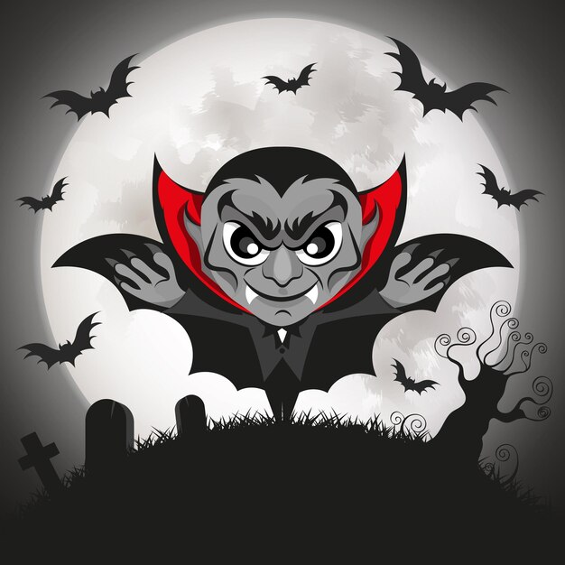 Happy halloween un vampiro con un grande cartello al chiaro di luna. illustrazione vettoriale