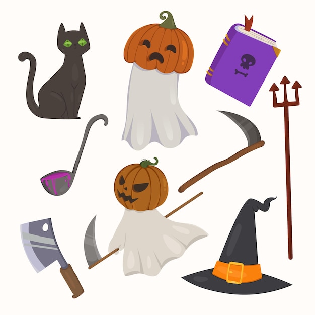 Vector happy halloween vector elements, flat style set for holiday, stickers, illustration
