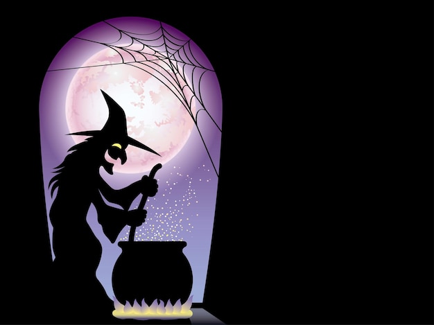 счастливого хэллоуина вектор шаблон поздравительной открытки с ведьмой готовит секретный эликсир