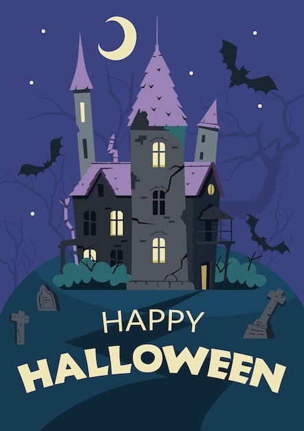 Happy Halloween vector greeting card with creepy old castle grave yard and bats