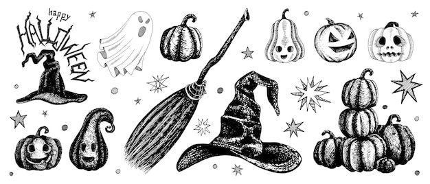 Vector happy halloween vector illustratie pompoenen heks hoeden bezem geest en happy halloween