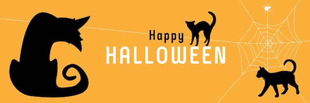 Happy Halloween vector lettering Holiday calligraphy with spider cat pumpkin or bat and web for banner poster greeting card party invitation Isolated illustration yellow and black