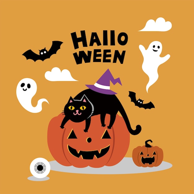 Happy halloween vector magische elementen pompoenen spookschedel zwarte kat illustratie in platte cartoon