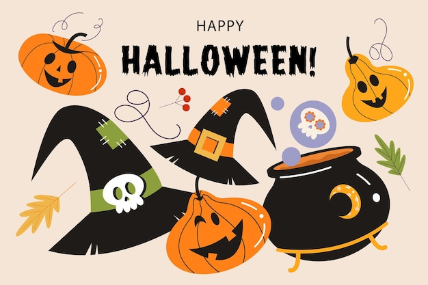 Happy halloween vector poster banner invitation with orange scary and funny pumpkins