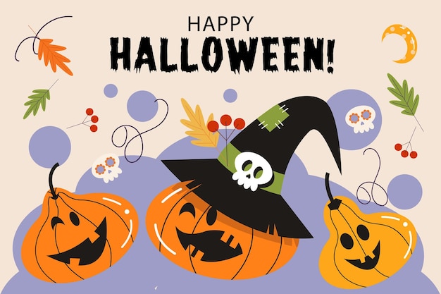 Happy Halloween vector poster banner invitation with orange scary and funny pumpkins