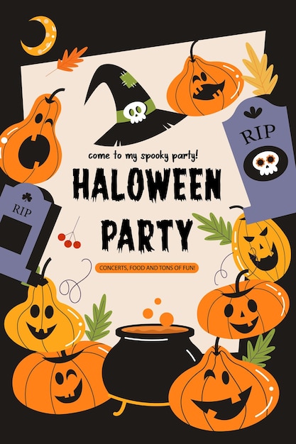 Happy halloween vector poster banner uitnodiging met oranje enge en grappige pompoenen