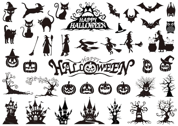 Vector happy halloween vector silhouette illustration set isolated on a white background.