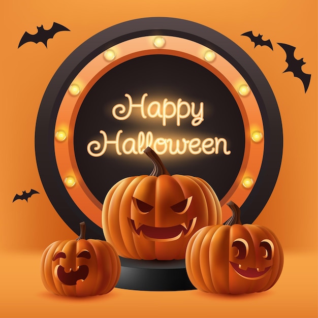 Happy halloween vector stage 3d spettrale banner design con zucche pipistrelli e una forma a spirale unica