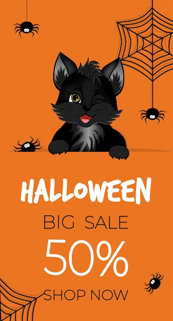 Happy Halloween-verkoopbanner of flyer Leuk zwart katje met spinnen en spinnenweb