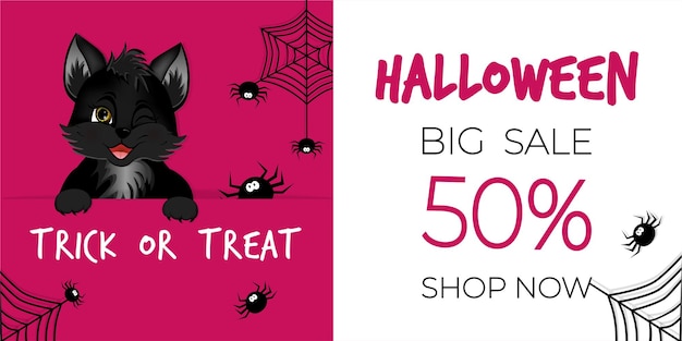 Happy Halloween-verkoopbanner of flyer Leuk zwart katje met spinnen en spinnenweb