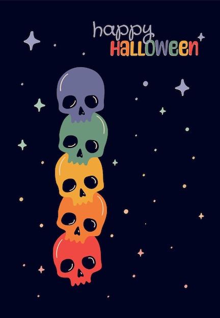 Счастливый Хэллоуин вертикальный баннер Векторная иллюстрация со стопкой радужных черепов