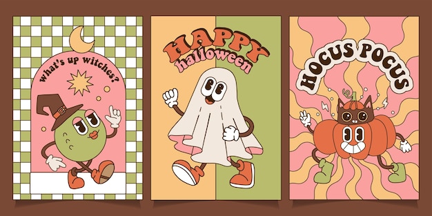 Happy halloween vintage begroeting posters met groovy stripfiguren retro cartoon stijlstijl