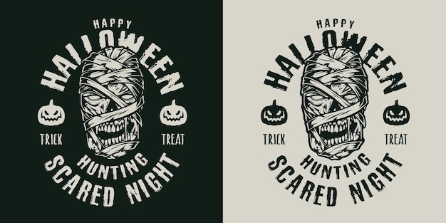 Vector happy halloween vintage label with scary mummy head and pumpkins