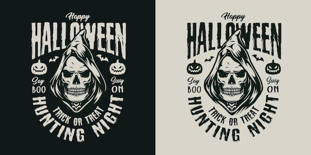 Vector happy halloween vintage label with spooky grim reaper skull in hood