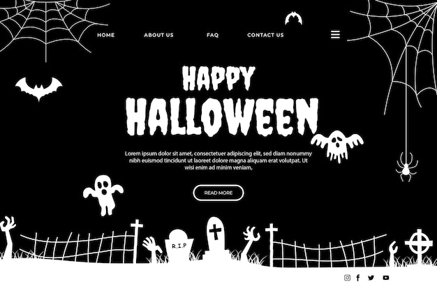 Happy Halloween Website Design. Flat Halloween Landing Page Template with silhouettes of pumpkins, b