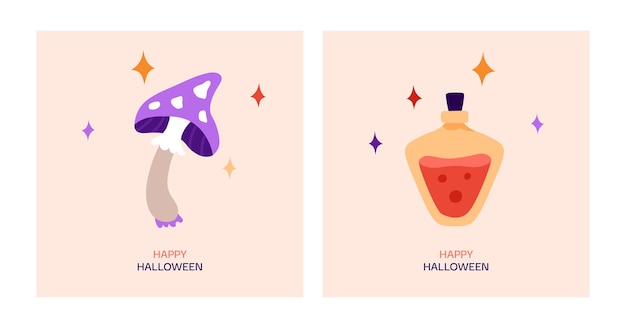 Happy halloween-wenskaart cartoon vectorillustratie met schattige magische paddestoelen drankje sterren