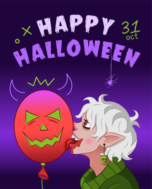 Happy halloween-wenskaart Kleine vampier met ballon Vectorillustratie voor halloween