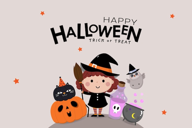 Happy halloween-wenskaart met schattige heks, uil, oranje pompoen en zwarte kat