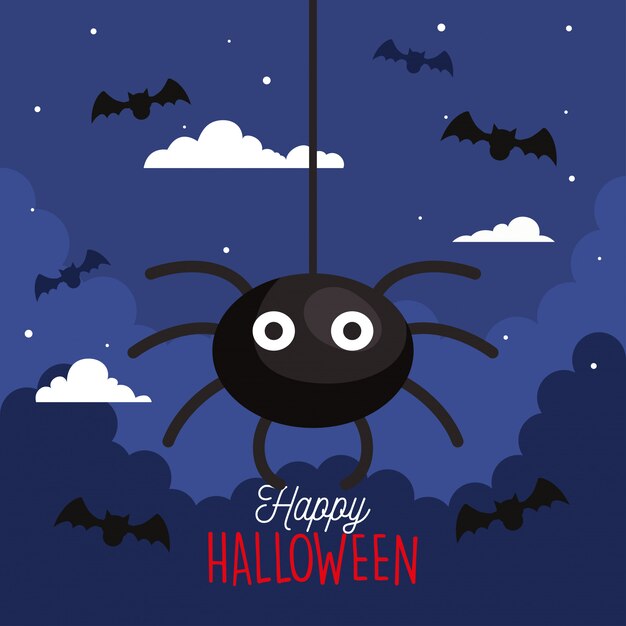 Happy halloween-wenskaart met spin opknoping en vleermuizen vliegen