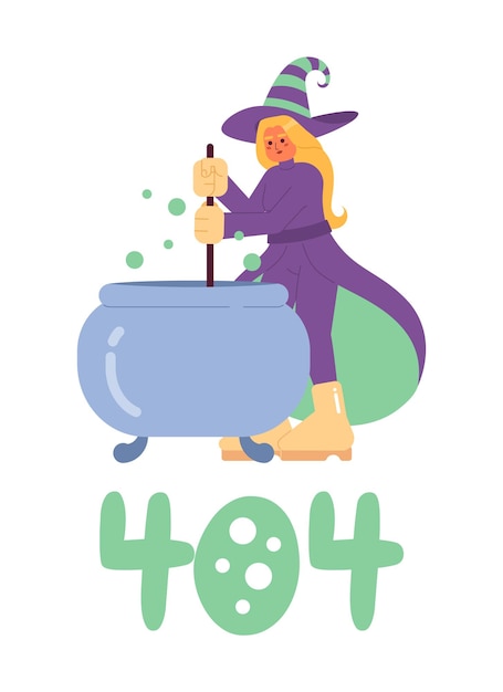 Happy halloween witch error 404 flash message Wicked witch cauldron Brewing potion Empty state ui design Page not found popup cartoon image Vector flat illustration concept on white background