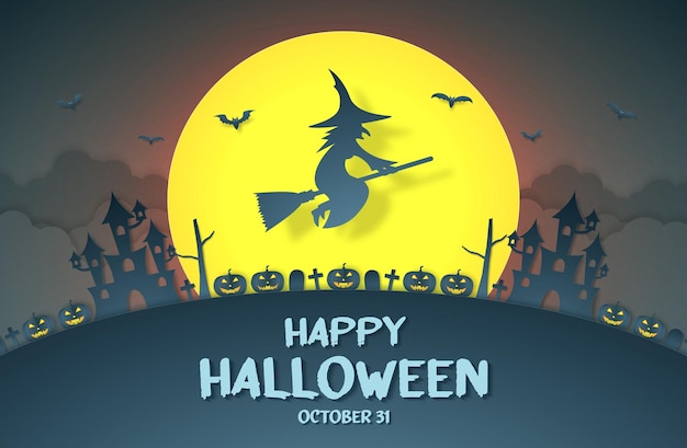 Счастливая Хэллоуинская ведьма летит над кладбищем замка с тыквенной головой на холме с большой луной и облаком