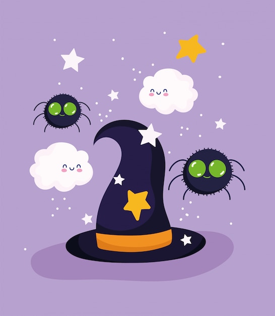 Happy halloween, witch hat spider clouds stars trick or treat party celebration vector illustration