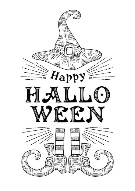 Happy halloween Witch hat striped stockings buckled shoes Retro lettering with bones Vintage illustration in engraving style For posters postcards banners printing on fabric