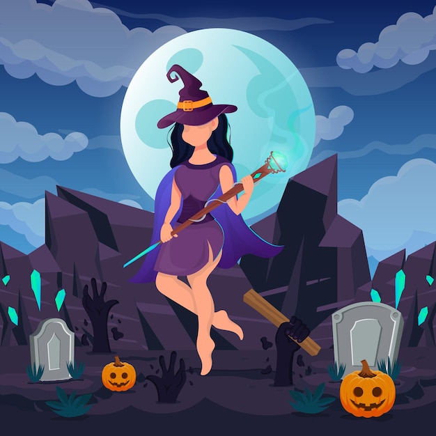 Felice Halloween. Strega donna indossa costume e bacchetta di diamante per fare Dolcetto o Scherzetto al chiaro di luna. illustrazione vettoriale