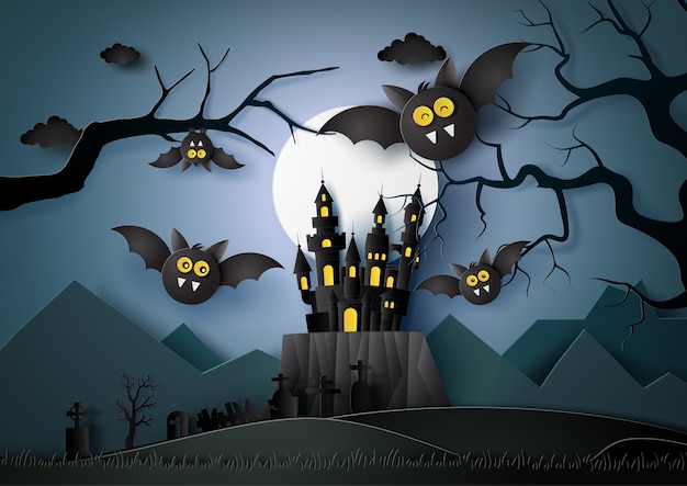 Happy Halloween with bats flying in the darknight.