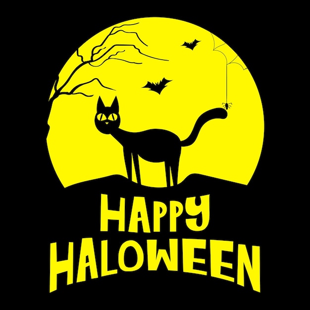 Vettore buon halloween con la siluetta del gatto nero e i pipistrelli