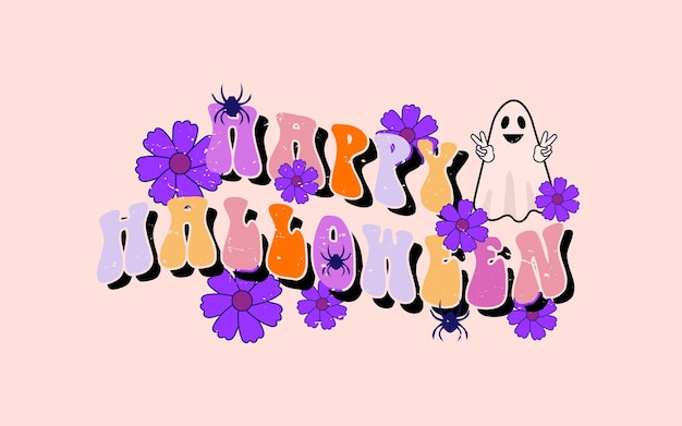 happy halloween with boo and flower illustration design,halloween lettering quote for t shirt design