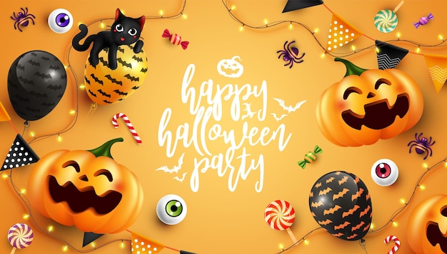 Happy Halloween with calligraphy Halloween element flat lay Background Trick or Treat Concept