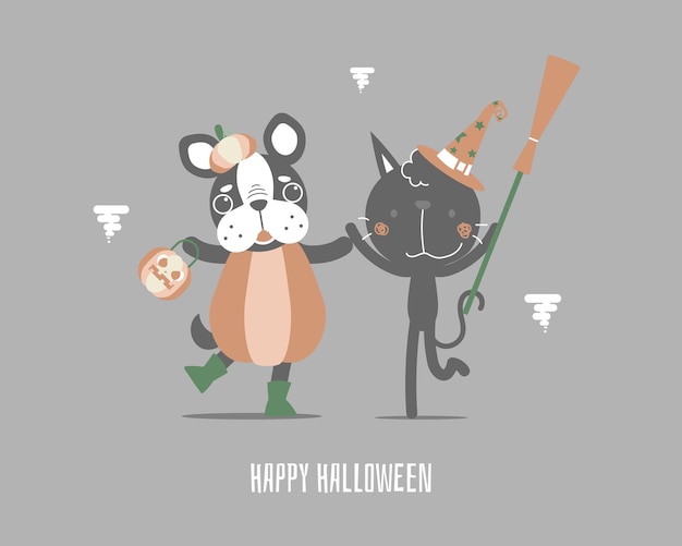 Happy halloween with cute french bulldog and cat holding broom