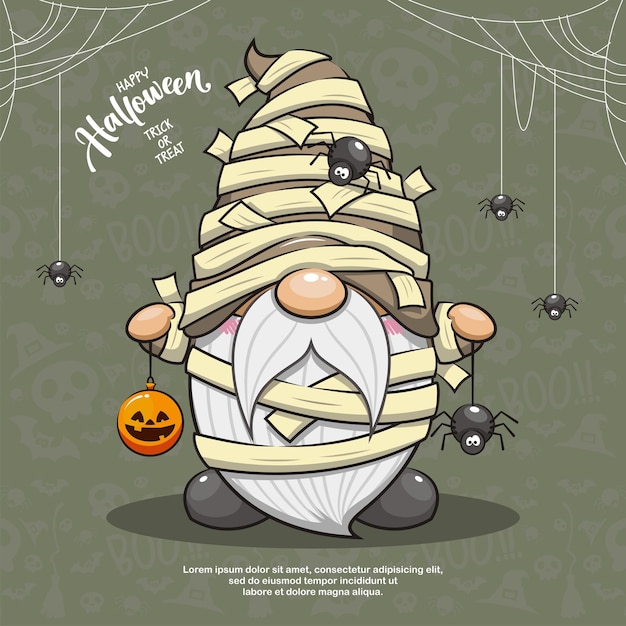Вектор Счастливый хэллоуин с милой мумией гномом на бесшовном фоне
