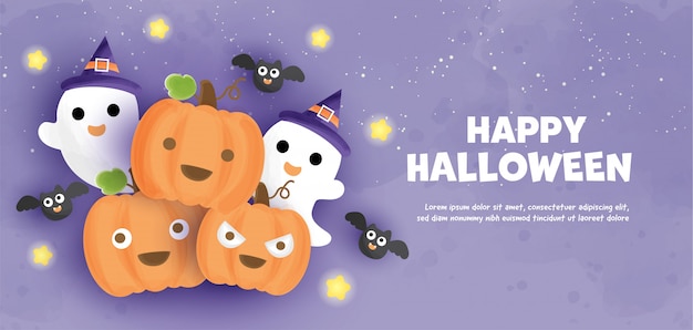 Счастливый хэллоуин с милыми тыквами и призраками в стиле акварели.