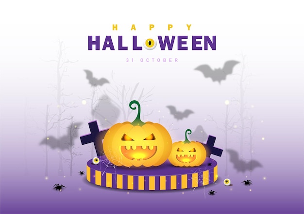 Happy Halloween with elements for decoration in Cartoon fantasy style and Podium for product display