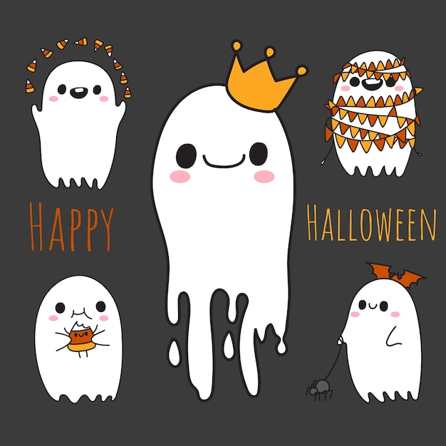 5つのかわいい幽霊とハッピーハロウィン。