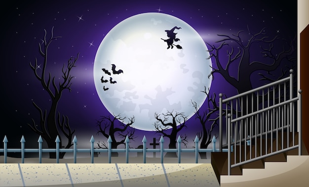 Vector happy halloween with full moon in the night