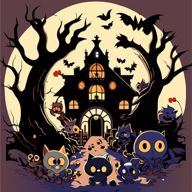Vector happy halloween with night and scary castle hand drawn flat stylish cartoon sticker