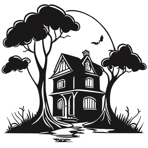 Vector happy halloween with night and scary castle hand drawn flat stylish cartoon sticker