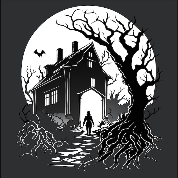 Happy halloween with night and scary castle hand drawn flat stylish cartoon sticker