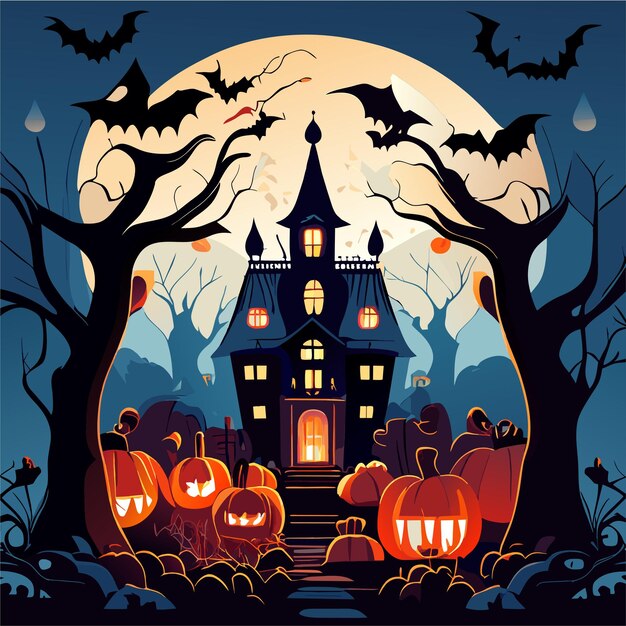 Happy halloween with night and scary haunted castle hand drawn flat stylish cartoon sticker