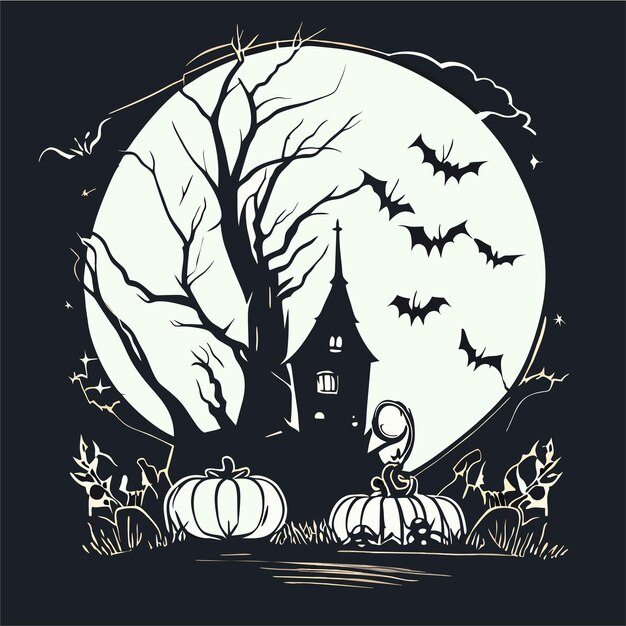 Happy halloween with night and scary haunted castle hand drawn flat stylish cartoon sticker