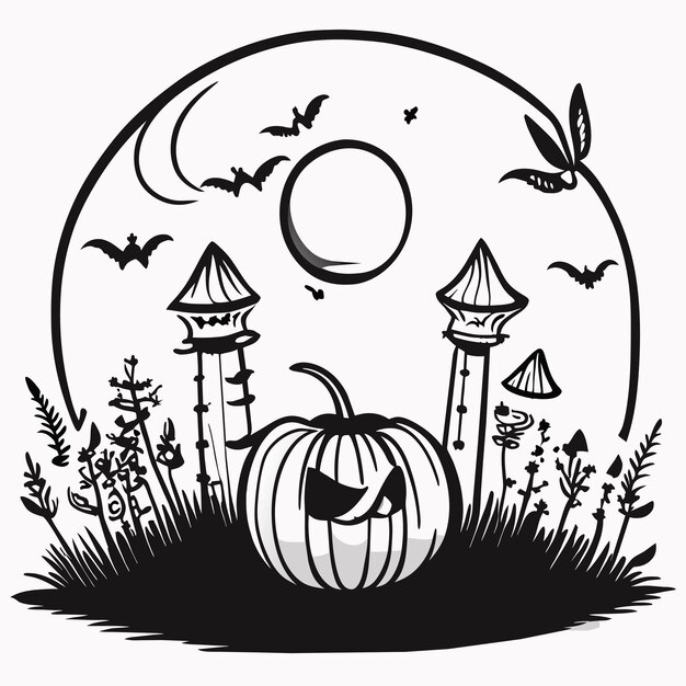 Vector happy halloween with night and scary haunted castle hand drawn flat stylish cartoon sticker