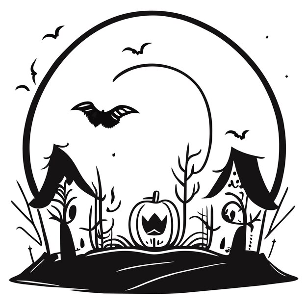 Vector happy halloween with night and scary haunted castle hand drawn flat stylish cartoon sticker