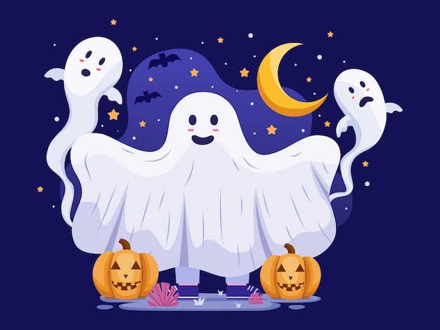 Happy Halloween With A Person Wearing Ghost Costume and Ghost flying around.