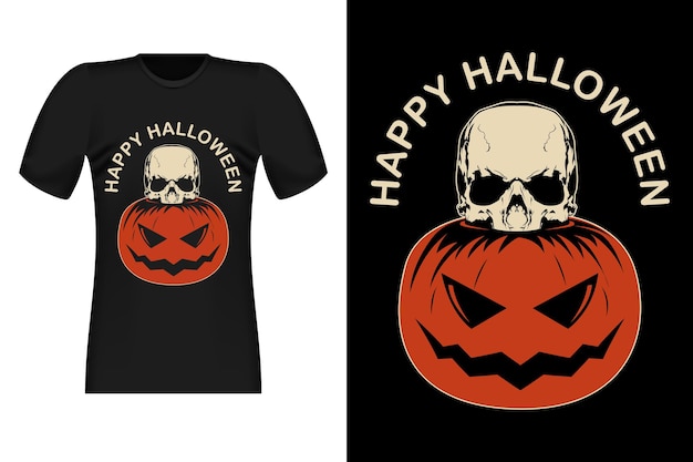 カボチャの頭蓋骨のヴィンテージTシャツのデザインでハッピーハロウィン