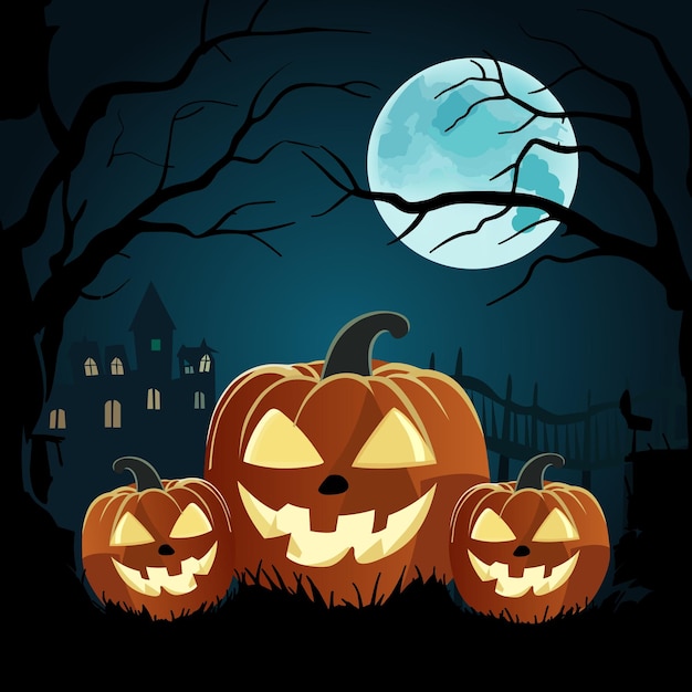 Happy Halloween with pumpkins on a spooky forest at night vector design